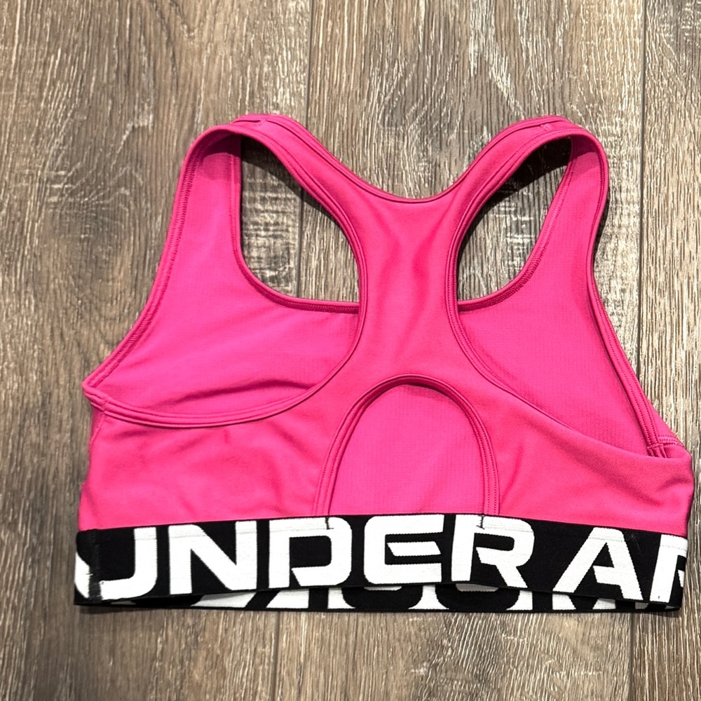 Under Armour HeatGear Authentics Mid Impact Branded Sports Bra-Astro Pink/Black. - Picture 3 of 5